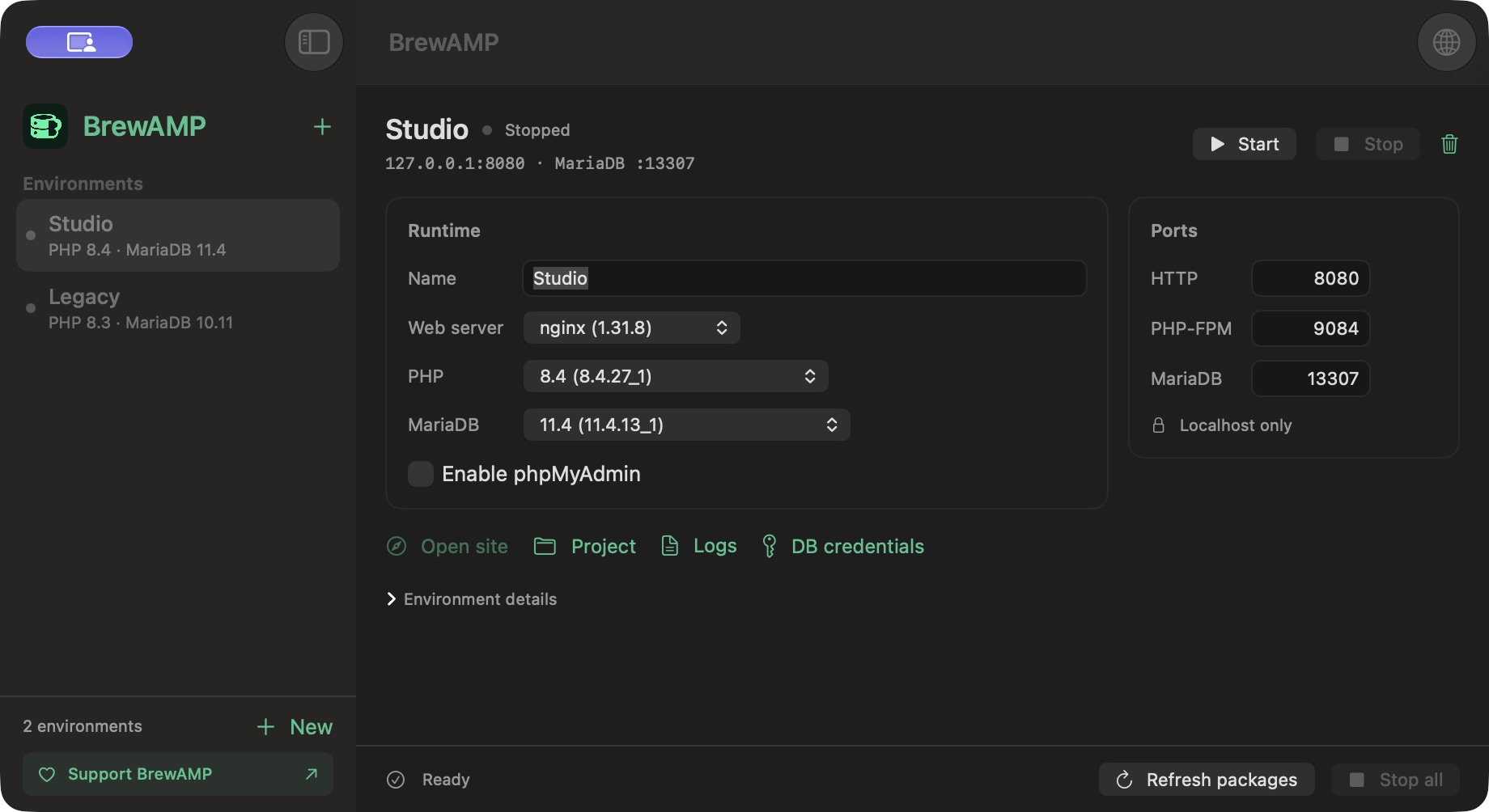 BrewAMP’s native interface showing Studio and Legacy environments, version selectors and separate ports.